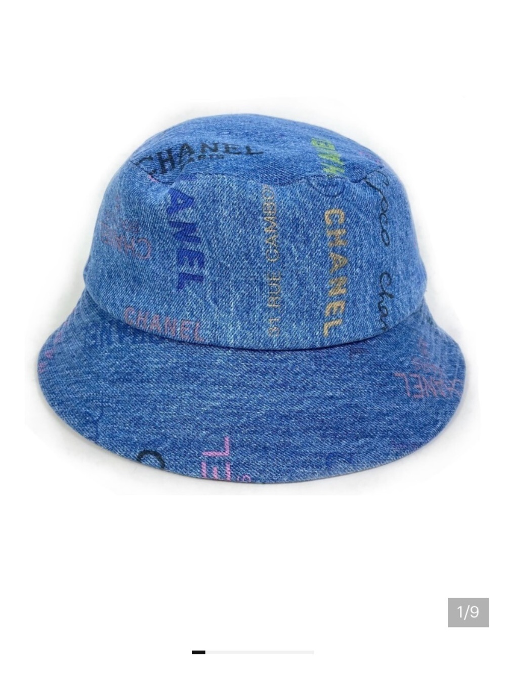 ChaneI Denim Crusher Bucket Hat All over CC Logos and Spell - Out / Graffiti